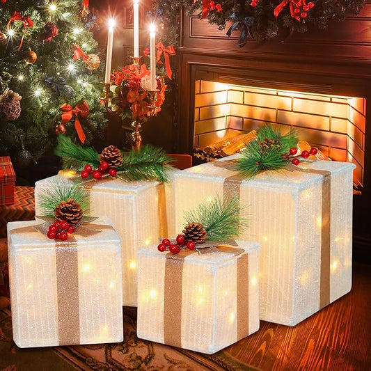 DomKom Set of 4 Christmas Lighted Gift Boxes, 70 Led Light Up White Iron Frame Present Box with Pine Cones Bows for Christmas Tree Party Yard Holiday Indoor Outdoor Decoration