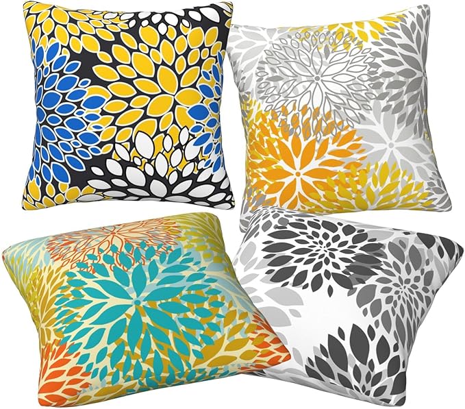 Yellow Teal Dahlia Throw Pillow Covers 18x18 Inch Set of 4 Gray White Floral Cushion Covers Modern Geometric Home Decorative Soft Plush Cushion Cases for Bed Couch Sofa Living Room Decor