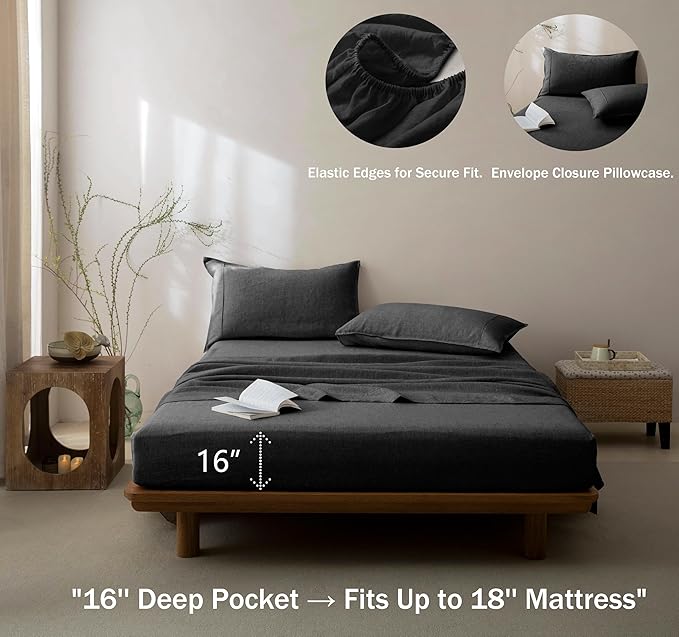 Talasily 100% French Pure Linen Sheets Set Twin Size,Oeko-TEX Certified Bedding, All-Season Breathable for Hot Sleepers,16 Inch Deep Pocket Machine Washable 3-Piece (Dark Grey)