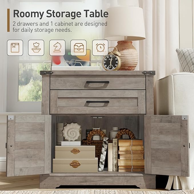 Farmhouse End Table Set of 2, 24'' Sofa Side Table with 2 Drawers and Barn Door, Large Rustic Wooden Square Nightstand for Bedroom, Living Room, Greige