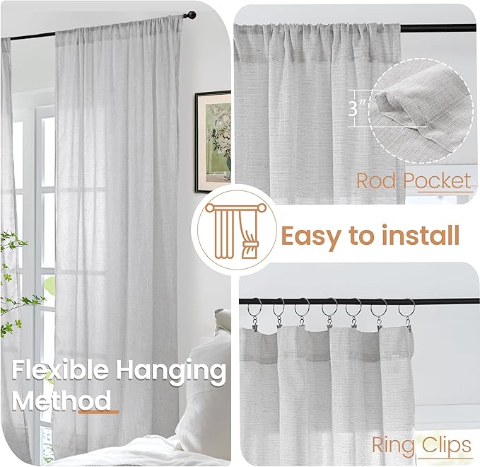 BGment Light Grey Linen Semi Sheer Curtains for Living Room - Rod Pocket Light Filtering Window Drapes Natural Textured for Bedroom Office Lightweight Rustic, 2 Panels Set, 52 X 63 Inch