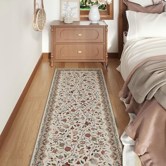 Rugcomf Vintage Paisley Kitchen Runner Rug 2'x6' - Machine Washable, Non-Slip Low Pile Floral Carpet for Laundry, Bedroom, Bathroom - Beige