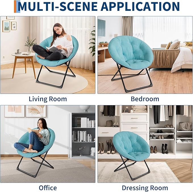 Saucer Chair with Faux Fur Cover, Large Foldable Moon Chair for Adults & Teens, Cozy Circle Accent Chair for Bedroom, Living Room, Dorm, Playroom, Soft Folding Gaming Chair for Small Spaces, Green