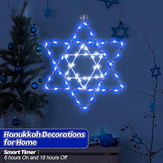 Hiboom Hanukkah Window Lights Decorations, 8 Lighting Modes Star of David Hanukkah Decor 66 LED Blue Chanukah Lights with USB Powered for Jewish Christmas Party Decor Indoor Outdoor Home