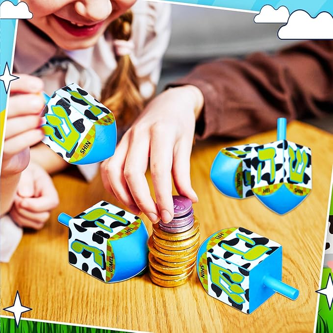 2 Pcs Hanukkah Dreidels Game Toy Extra Large Wooden Dreidel for Hanukkah Decoration with English Transliteration, Forever Spinning Tops Party Favors(Cow Print)