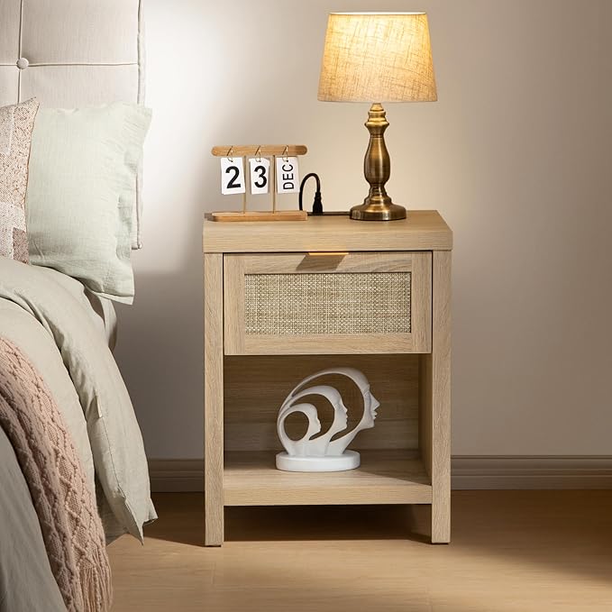 SICOTAS Rattan Nightstand, Farmhouse Night Stands with Drawer, Boho End Side Table for Bedroom, Small Space, Black Oak
