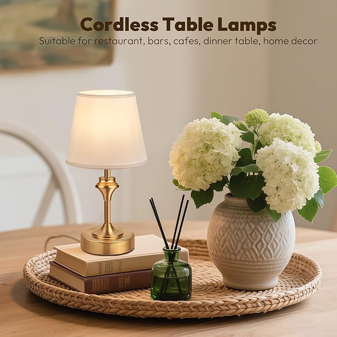 NIORSUN Portables Cordless Table Lamp, 10.2" Battery Operated Lamp, Bedside Table Lamp with Warm White,3 Way Dimmable Touch Desk Lamp for Bedroom Living Room Restaurant Whtie Shade (Gold)
