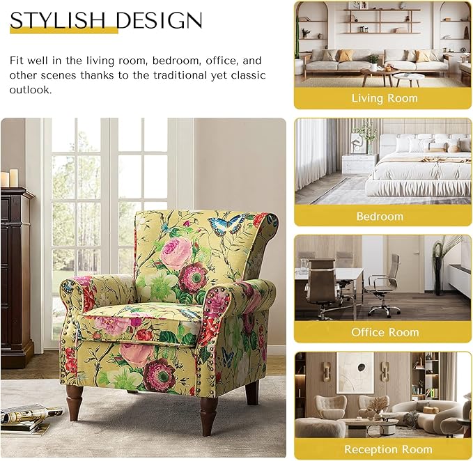 HULALA HOME Modern Wingback Accent Chair with Wood Legs & Removable Cushion, Comfy Upholstered Armchair with Nailhead Trim, Floral Pattern Single Sofa Chair for Living Room Bedroom, Mustard