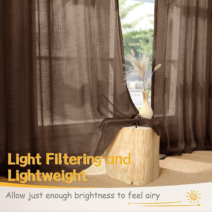 YoungsTex Short Linen Curtains 36 Inch Length for Kitchen Window Over Sink - Brown Light Filtering Drapes Semi Sheer with Rod Pocket Back Tab for Cafe Bathroom Window, 2 Panels, 34 X 36 Inch