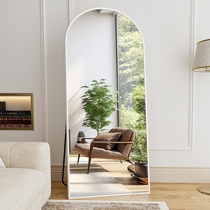 Floor Length Mirror, 76"x34" Arch Full Length Mirror Hanging or Leaning, Body Mirrors with Stand, Arched-Top Wall Mounted Mirrors with Aluminum Frame for Bedroom (White)