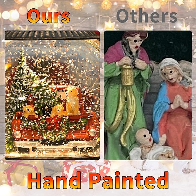 Dog Snow Globe Lighted Christmas Decorations, Musical Snow Globe Lantern with Swirling Glitter, Red Truck Christmas Tree Holiday Party Gifts and Decorations, USB & Battery Operated