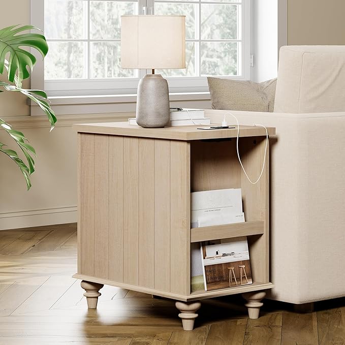 WAMPAT Beige End Table with Charging Station, Wooden Side Table with Storage Cabinet & Drawer, Elegant Nightstand with Power Outlets & USB Ports for Bedroom, Living Room
