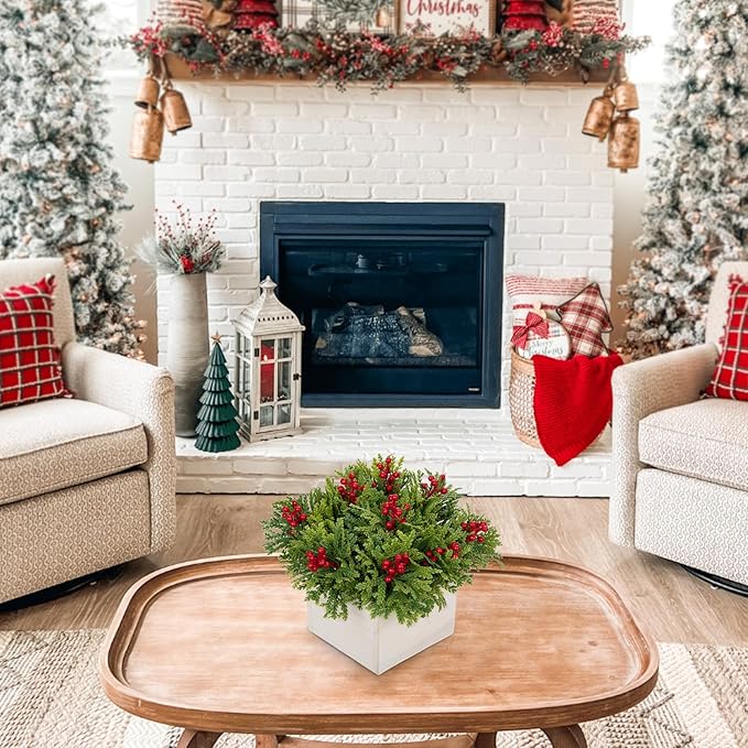 DILATATA Christmas Centerpieces 8 Inch Artificial Christmas Plant in Square Wooden Pot Tabletop Pine Plants with Red Berries Cedar Leaves for Winter Holiday Party Fireplace Mantel Xmas Decor