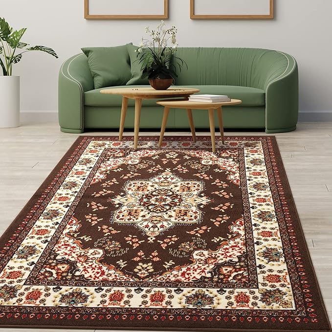 Antep Rugs Alfombras Oriental Traditional 4x6 Non-Skid (Non-Slip) Low Profile Pile Rubber Backing Indoor Area Rugs (Brown, 4' x 5'8")