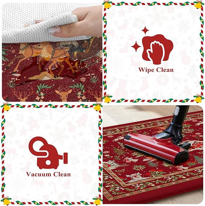Christmas Kitchen Mats Anti Fatigue - Reindeer Sleigh Farmhouse Cushioned Kitchen Floor Mat, Non Slip Kitchen Rugs Sets of 2, Christmas Decorations Sink Mats for Home Holiday Decor(Red)
