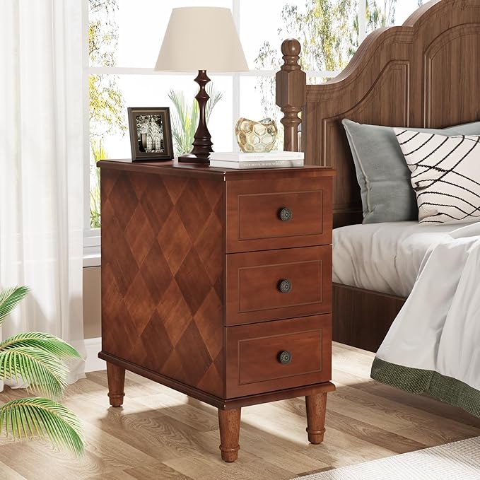 Tribesigns Solid Wood End Table, Fully Assembled Narrow Side Table with Drawers, Pre-Assembled Nightstand Slim Bedside Table for Small Spaces, Living Room, Bedroom, Brown