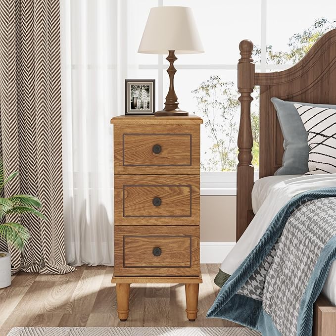 Tribesigns Solid Wood End Table, Fully Assembled Narrow Side Table with Drawers, Pre-Assembled Nightstand Slim Bedside Table for Small Spaces, Living Room, Bedroom