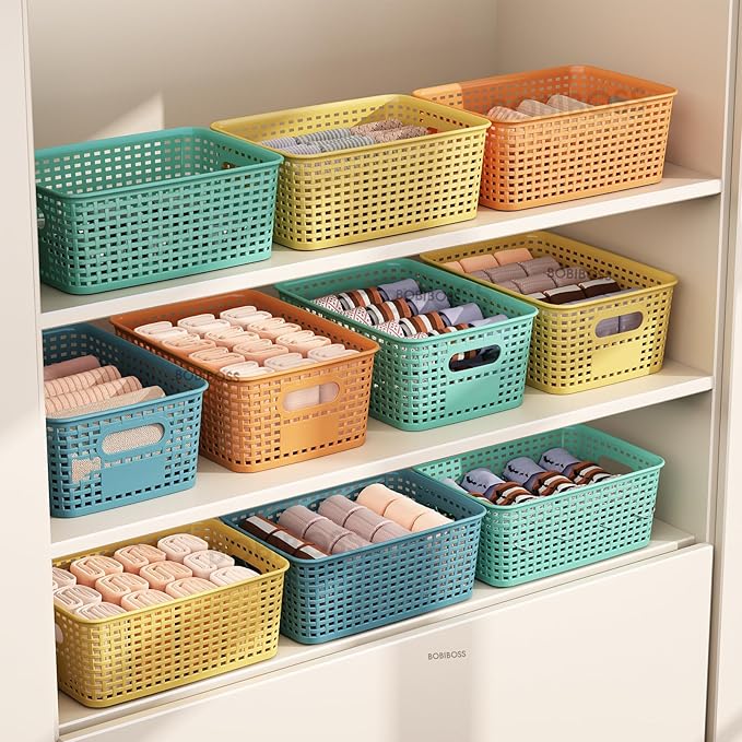 Colorful Plastic Storage Baskets with Lids 12 Pack Stackable Storage Bins Containers for Shelves Organizing, Colored Cute Decorative Storage Boxes for Classroom, Playroom, Closet, Pantry