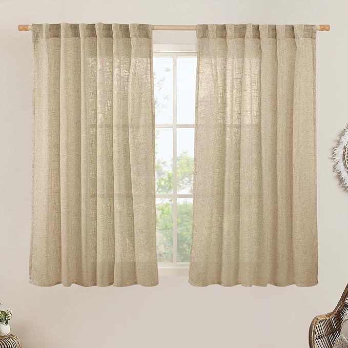 LAMIT Brown Linen Curtains 45 Inches Long 2 Panels, Light Filtering Panels Back Tab and Rod Pocket Neutral Drapes for Kitchen/Window/Bedroom, 52 x 45 Inch