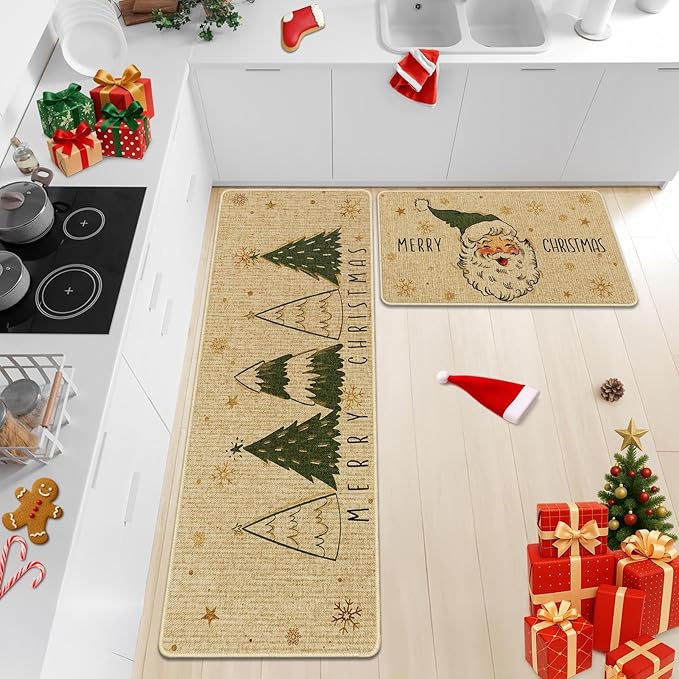Christmas Snow Santa Kitchen Rugs and Mats Non Skid Washable Set of 2, Xmas Kitchen Mats for Floor Decor