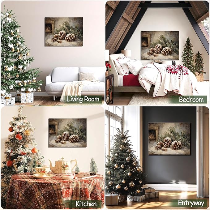Vintage Pine Cones Christmas Canvas Wall Art, Rustic Winter Still Life Framed Print for Farmhouse Christmas Decorations, Cozy Holiday Gifts and Nature Wall Decor