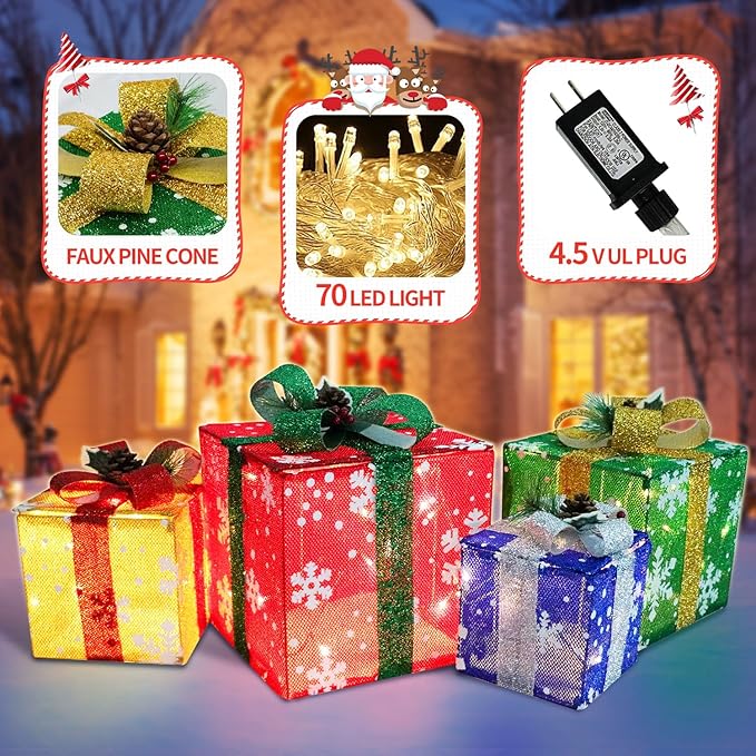 DomKom Set of 4 Christmas Lighted Gift Boxes, 70 Led Light Up Colorful Iron Frame Present Box with Pine Cones Bows for Xmas Tree Party Yard Holiday Indoor Outdoor Decoration