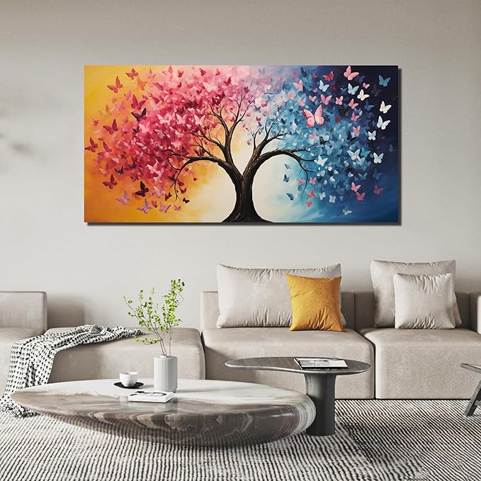GUGIKA Tree Wall Art for Living Room, Pink Gold and Blue Butterflies Canvas Wall-Decor for Bedroom, Natural Picture Print for Hallway, Large Size 59x29 Inches
