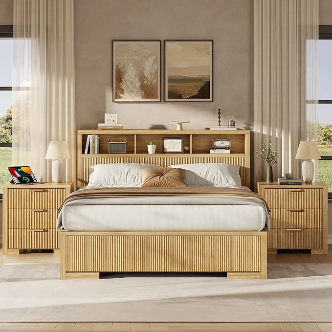Fluted Nightstand Set of 2 with Charging Station, 23.6" Night Stand with 3 Drawers,End Table with Storage, Bed Side Table for Bedroom,Modern Nightstand for Living Room, Oak