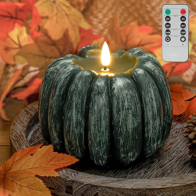 Fall Flameless Led Pumpkin Candles with Remote, Real Wax Pumpkin Shaped Battery Operated Flickering Candles with Timer for Thanksgiving Decor, Fall Home Decor, Halloween Decorations, Green