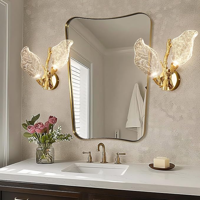 Wall Sconces, Gold Bathroom Sconces Wall Lighting with Clear Acrylic Leaf, Modern Sconces Wall Decor Wall Light fixtures for Bathroom Mirror Living Room Hallway Bedroom Stairs (1pcs,Gold)