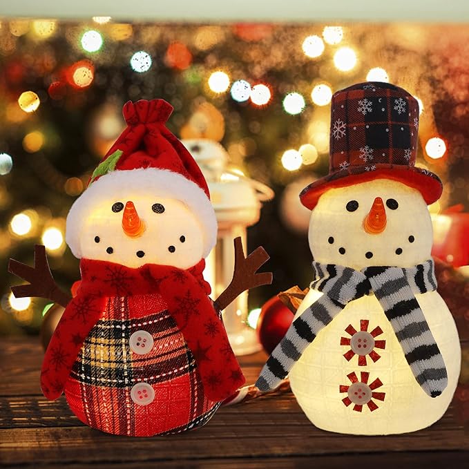 Christmas Table Decorations, 2 Pcs Snowman with Warm White LED Lights, Xmas Table Top Snowmen Decor for Winter Home Kitchen Mantle Room Office Holiday Party