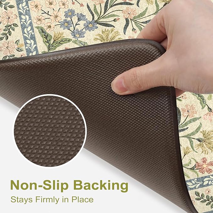 Collive Anti Fatigue Mat for Kitchen Floor, Spring Floral Kitchen Mats for Floor Set of 2, Beige Cushioned Waterproof Sink Rugs Non Slip Comfort Standing Rug for Office, Laundry, Desk