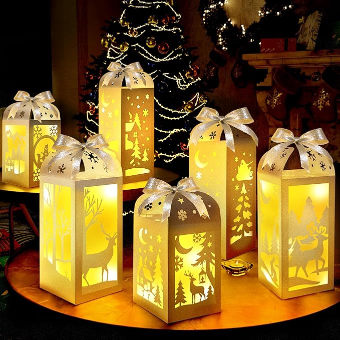 OuMuaMua Winter Christmas Centerpiece Table Decorations, 6Pcs Light Up Snowman Deer Decorative Paper Lanterns Glitter Table Centerpiece Boxes for Winter Wonderland Christmas Holiday Party Home Decor