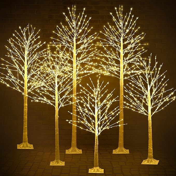 Baquler 6 Pack Lighted Birch Tree - Artificial LED Warm-White Light Birch Tree Decoration for Christmas Holiday Party Wedding Festival Decor, Indoor & Outdoor (4 5 6 7 8 ft)