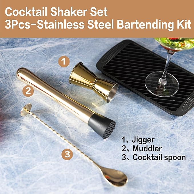 3-Pcs Gold Muddler & Mixing Tools Set, 10" Muddler, 12" Cocktail Spoon & 1 oz/2 oz Double Jigger, Bar Tool Set for Beverages