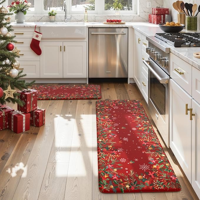 Christmas Kitchen Rugs Anti Fatigue - Christmas Kitchen Mat Sets of 2, Cushioned Non-Skid Waterproof Vintage Floral Christmas Decorations Gift for Holiday Floor Decor Home Laundry Sink(Red)