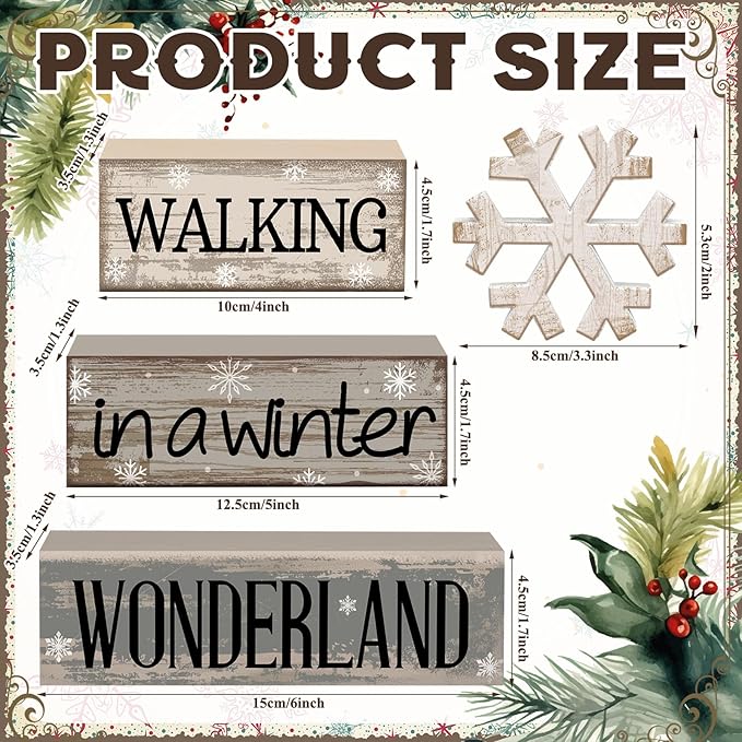 4 Pcs Christmas Table Decorations Wooden Snowflake Decor Winter Tiered Tray Decor Rustic Snow Block Signs Gift Farmhouse Christmas Centerpiece for Winter Wonderland Party Kitchen Shelf Home