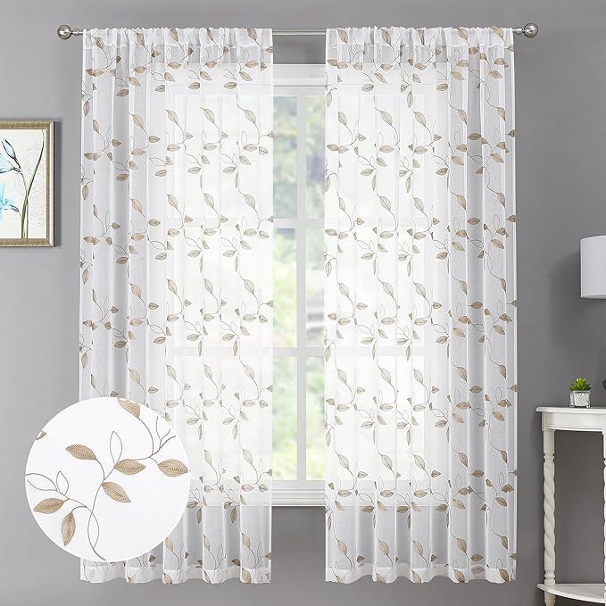 Tollpiz Taupe Leaf Sheer Curtains Leaves Embroidered Bedroom Short Curtain Rod Pocket Voile Window Treatment for Living Room, 38 x 54 inches Long, Set of 2 Panels