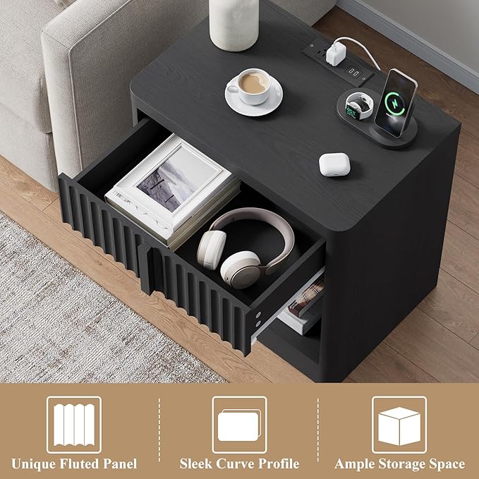 Fluted Nightstand with Charging Station, 23.6" End Table with Solid Wood Handle, Curved Profile Design, Mid Century Moden Bedside Table for Bedroom, Living Room, Black