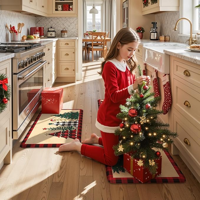 Merry Christmas Xmas Tree Kitchen Mat 2PCS, Anti-Fatigue Cushioned Waterproof Kitchen Mats for Floor Buffalo Plaid Kitchen Rug, Non Skid Comfort Standing Rugs for Laundry Office Desk Decor, Beige/Red
