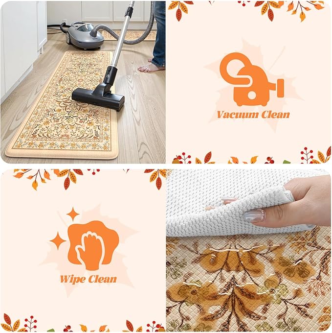 Collive Anti Fatigue Mats for Kitchen Floor, Cushioned Fall Kitchen Mat Comfort Waterproof Padded Sink Rugs Non Slip, Boho Orange Floral Standing Rug for Office, Autumn Home Decor, 17"x29"+17"x59"