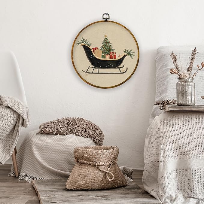 XPH Vintage Christmas Sleigh Round Wall Art Framed, Rustic Winter Christmas Circle Wall Decor, Neutral Cozy Winter Xmas Hanging Canvas Prints for Home Bedroom Living Room Decoration, 10x10 Inch