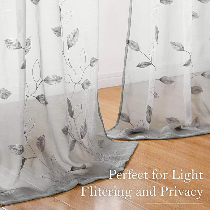 HOMEIDEAS Light Grey/Gray Sheer Curtains 52 X 63 Inches Length 2 Panels Embroidered Leaf Pattern Pocket Faux Linen Floral Semi Sheer Voile Window Curtains/Drapes for Bedroom Living Room