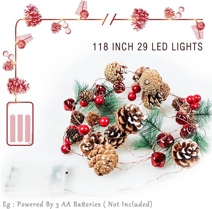 10FT Enchanting Christmas Garland with 30 LED Lights Battery Operated-Realistic Red Berries & Pine Cones Decor for Tree,Fireplace Mantel,Indoor Holiday Home Decor (9.8Ft)