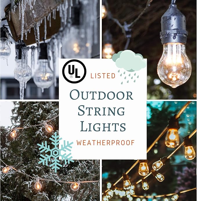 Hometown Evolution, Inc. 100' E26 Commercial Edison Bulb Outdoor String Lights (100 Foot 50 Socket, S14 Zig Zag Edison 11 Watt Light Bulbs)