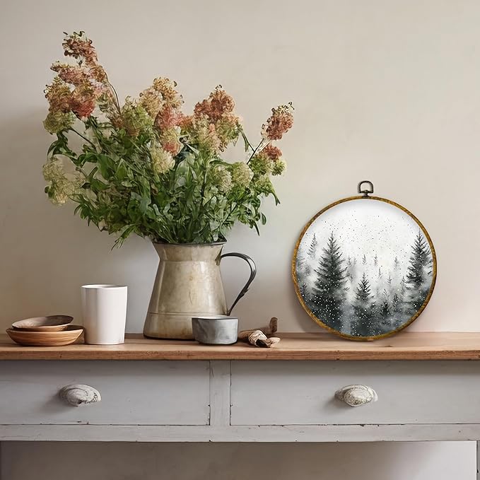 QZQE Pine Tree Winter Round Wall Art Decor Framed, Rustic Snowy Landscape Forest Circle Canvas Prints, Cozy Winter Farmhouse Christmas Wall Hanging Decor for Home Bedroom Living Room, 10x10 Inch