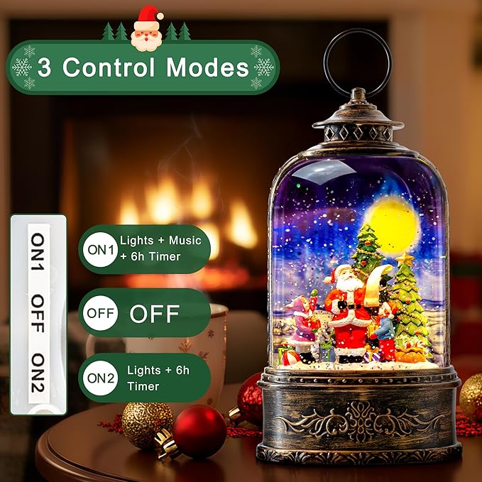 10.3" Christmas Snow Globe Water Lantern with Santa's List Scene Battery Operated or USB Powered Musical Lighted Holiday Decoration for Tabletop Display for Family and Friends