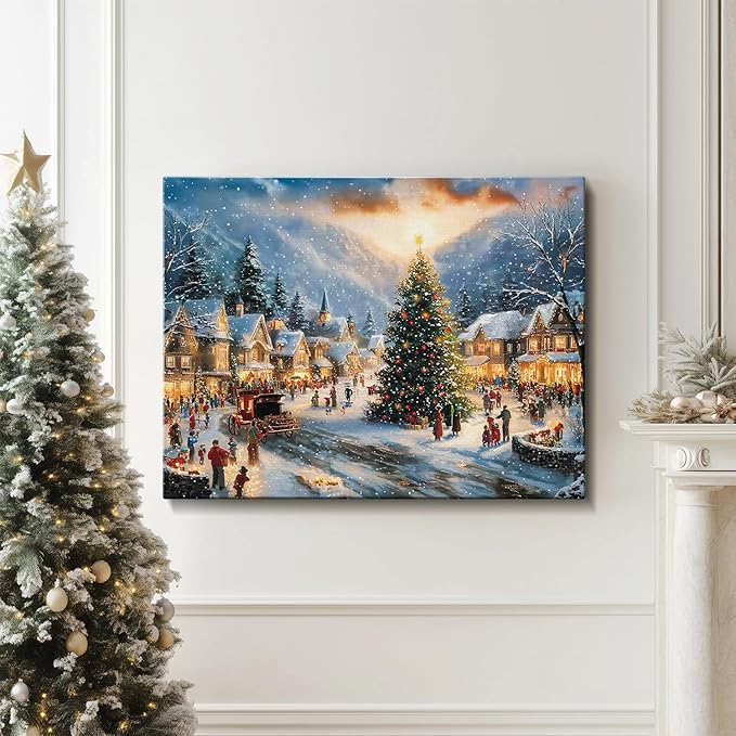 Vintage Christmas Country Canvas Wall Art, Framed Festive Santa Print Ready to Hang, Ideal Christmas Decorations for Home, Unique Holiday Gifts & Winter Decor