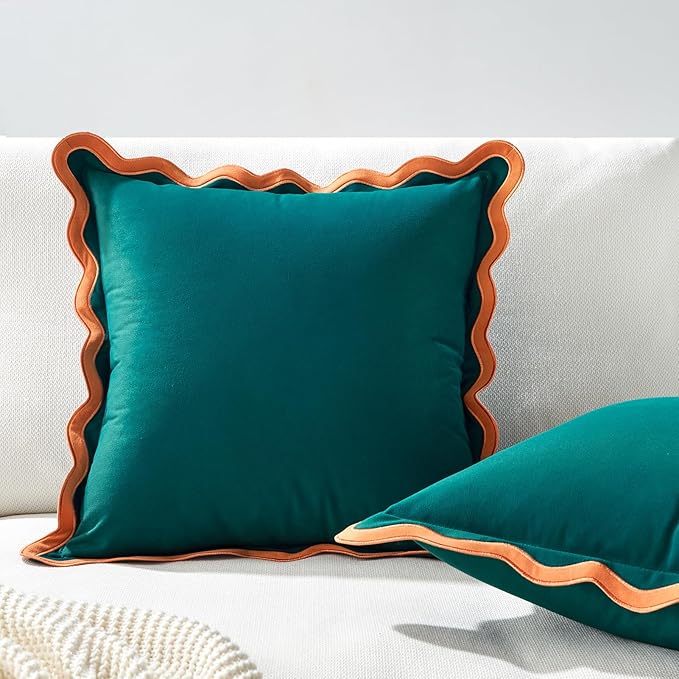 MONDAY MOOSE Decorative Throw Pillow Covers Cushion Cases, Set of 2 Soft Velvet Scalloped Wavy Edge Designs, Mix and Match for Home Decor, Pillow Inserts Not Included (Coral/Dark Teal, 18x18 inch)