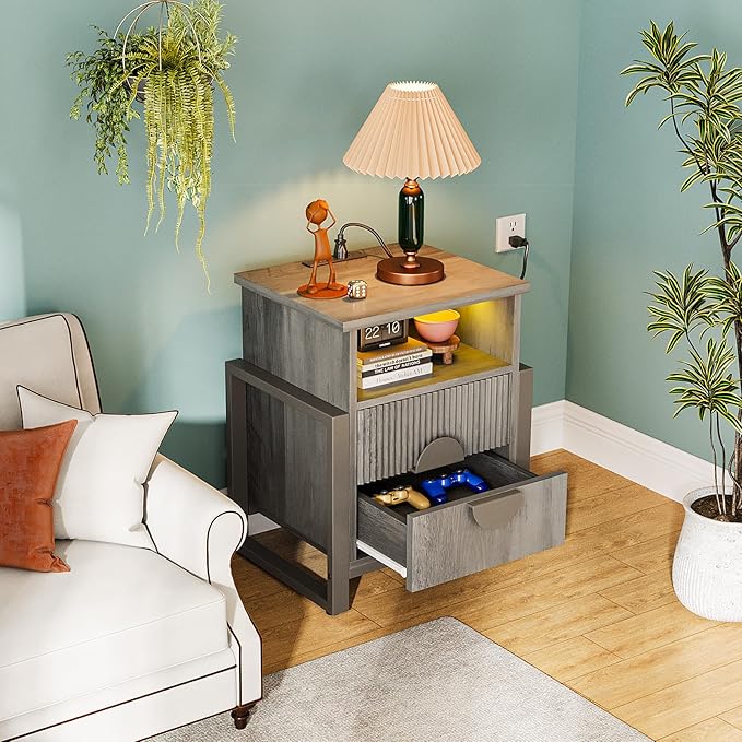 LGHM Set of 2 Large Fluted Nightstand with Charger Station Lights,20.47" W Night Stand with 2 Drawers, Accent Bedside Table and End Table,Semicylinder Drawer Front,Stable Raising Legs,Gray